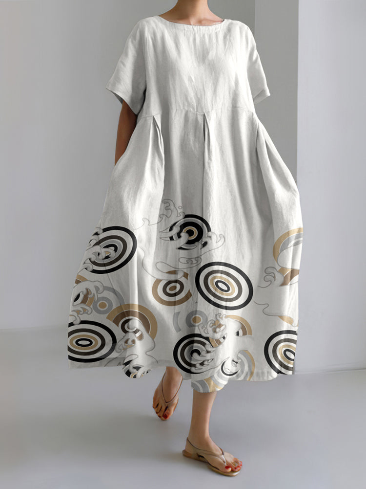Japanese Wave Geometric Art Round Neck Short Sleeve Midi Dress