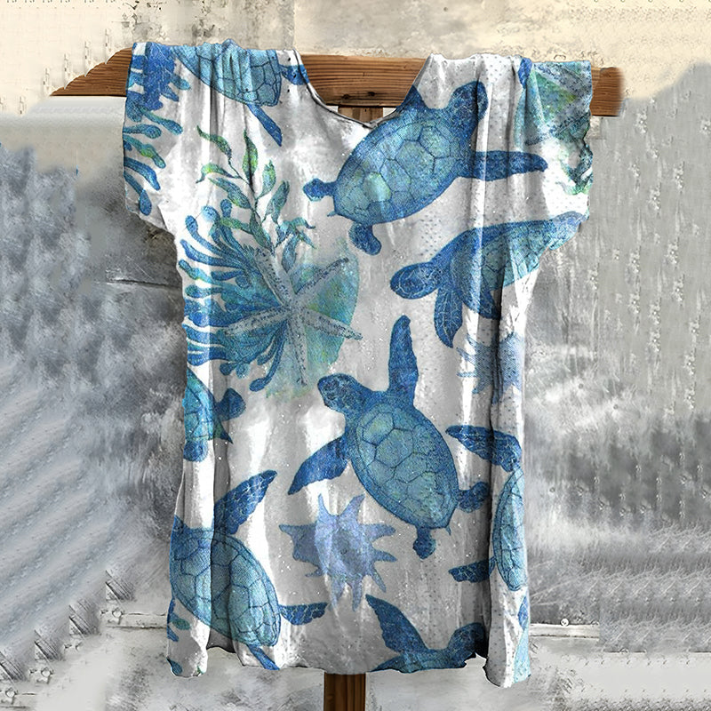 Turtle Art Print Cotton Crew Neck T-shirt