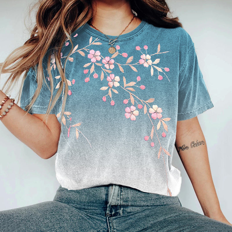 Cherry Blossom Japanese Embroidered Gradient T Shirt