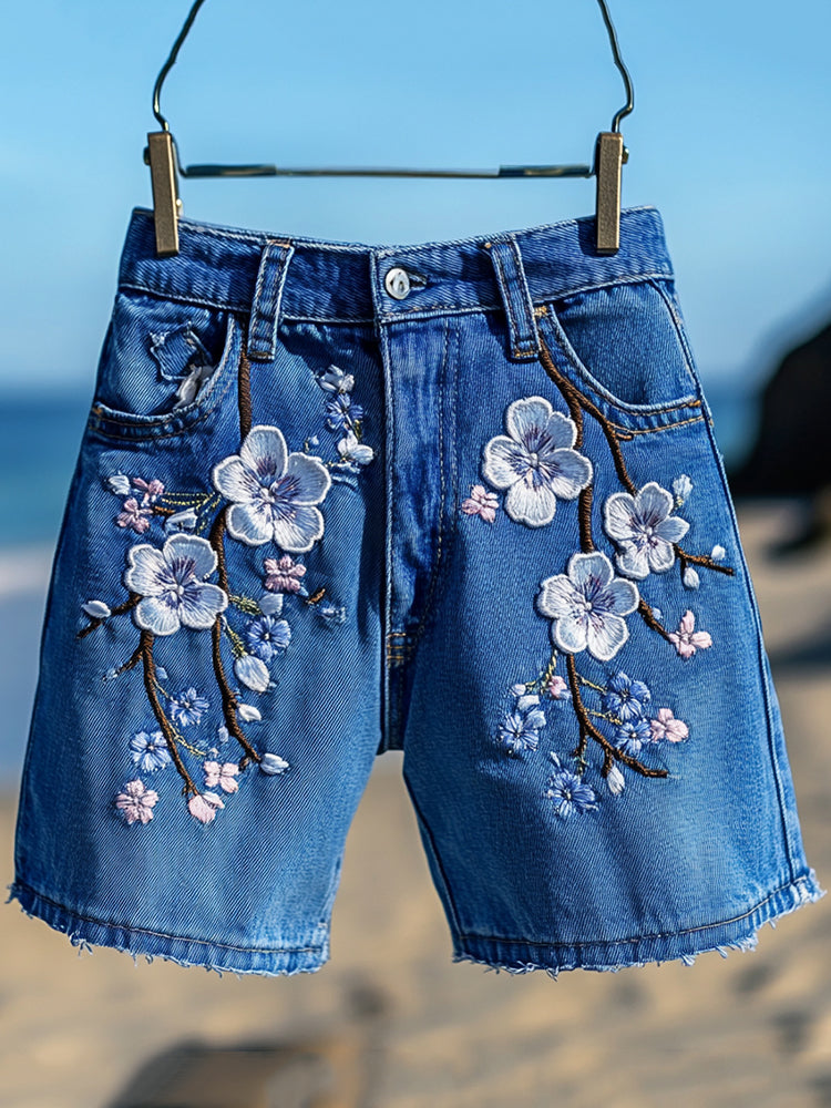 Women's Vintage Japanese Sakura Art Casual Denim Shorts