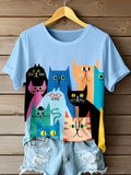 Women's Cute Cat Printed Round Neck T-shirt