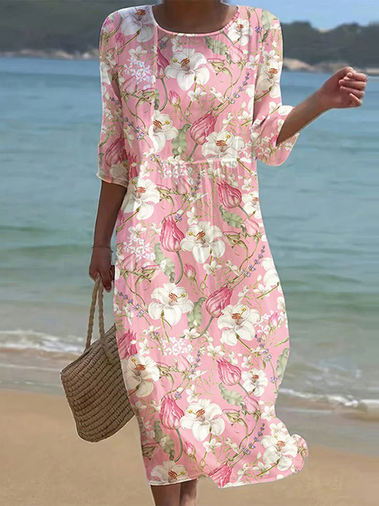 Women's Japanese Floral Art Linen-blend Crew Neck Maxi Dress