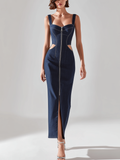 Sculpted Zip-Front Denim Maxi Dress