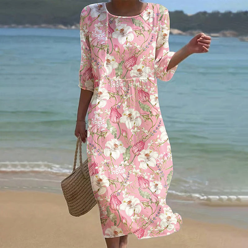 Women's Japanese Floral Art Linen-blend Crew Neck Maxi Dress