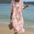 Women's Japanese Floral Art Linen-blend Crew Neck Maxi Dress
