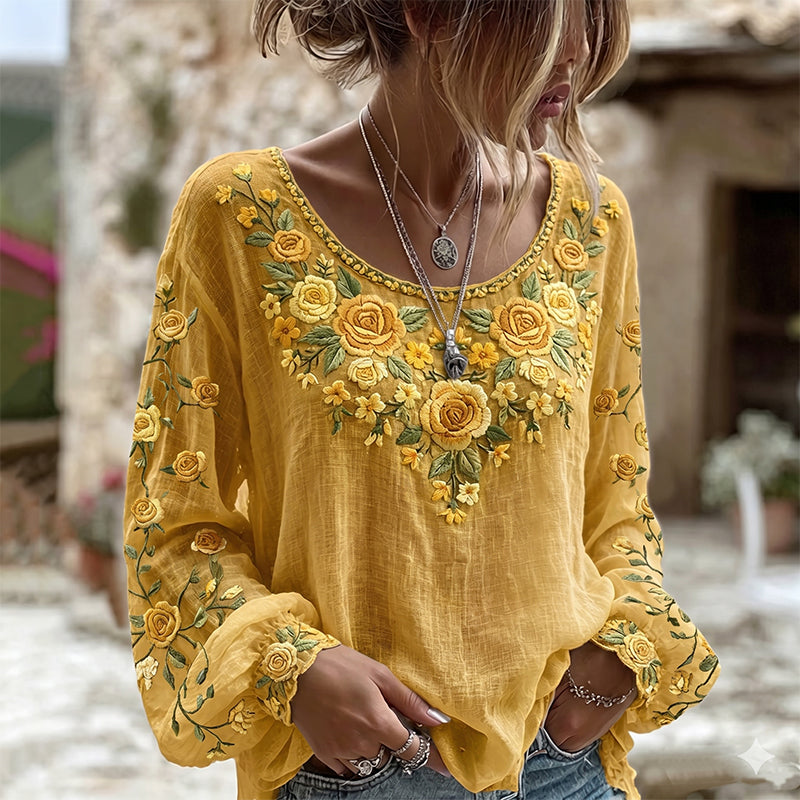 Women's Bamboo Flower Art Crew Neck Long Sleeve T-shirt