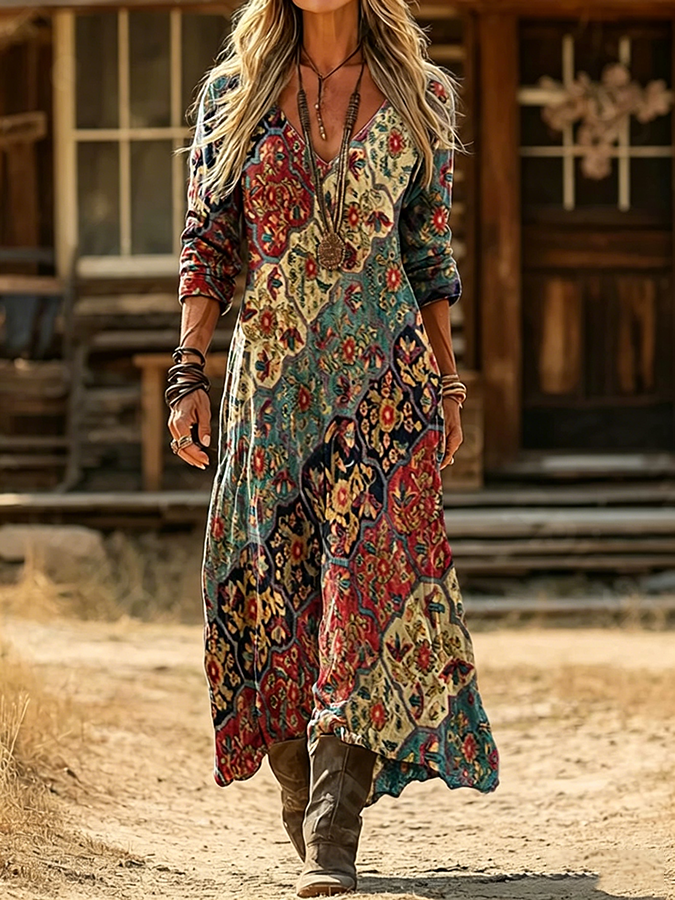 Women's Casual Retro V-neck Cotton Linen Dress