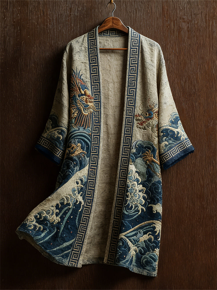 Japanese Dragons & Sea Waves Art Flowy Linen Long Kimono