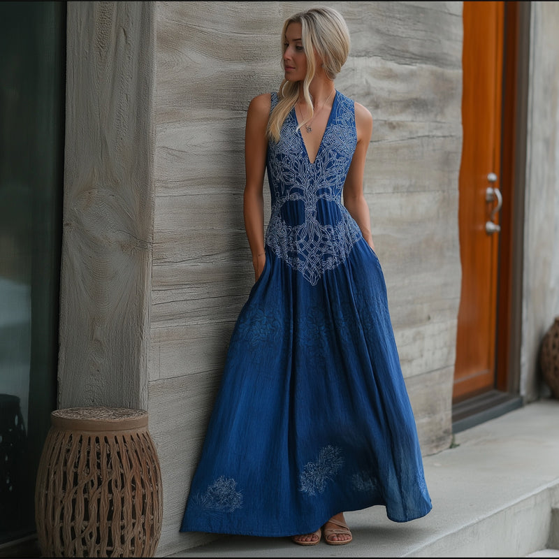 Vintage Celtic Tree Of Life Indigo Batik Art Linen Maxi Dress