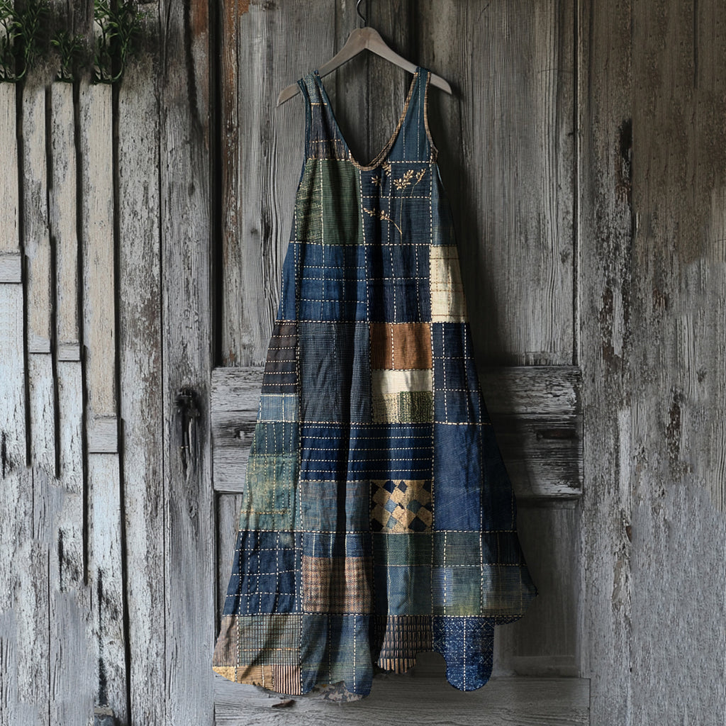 Women's Vintage Geometric Patchwork Art Linen Vest Dress