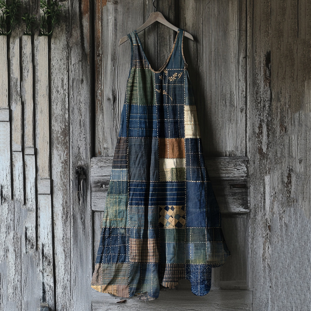 Women's Vintage Geometric Patchwork Art Linen Vest Dress