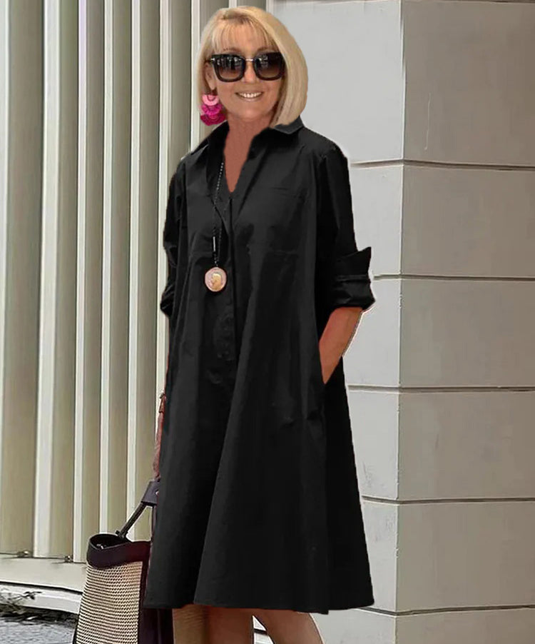 Spring-Summer New Type Fashion Temperament Shirt Collar Long Sleeve Pocket Mid-Length Dress