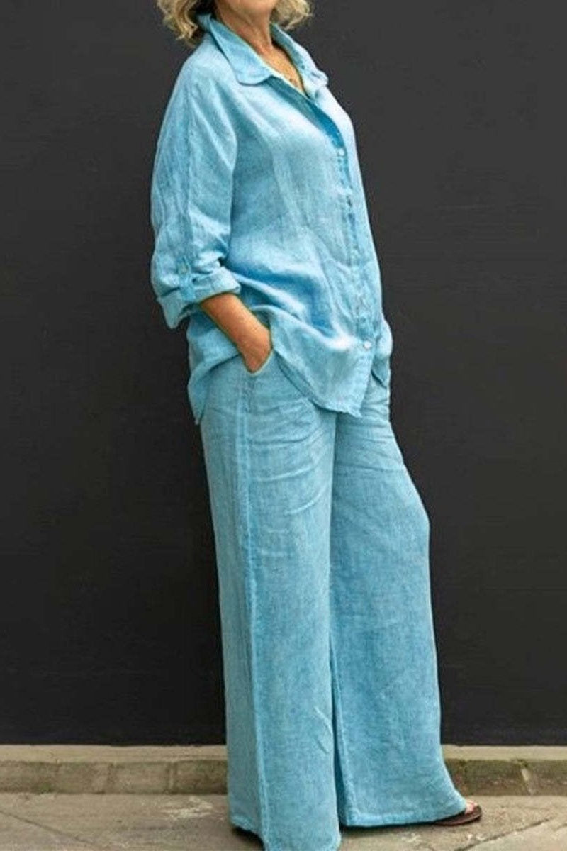 Women Linen Lapel Shirt Two Pieces Set Vintage Solid Long Sleeve Button Blouse and Loose Straight Pants Casual Suits
