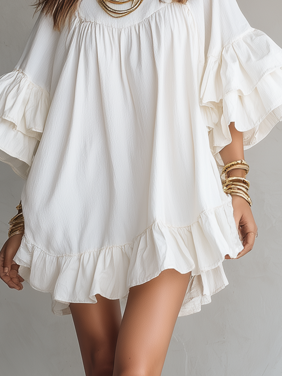 Soft Ivory Ruffled Sleeve Mini Dress