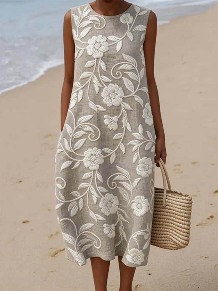 Women's Japanese Floral Art Linen-blend Sleeveless Maxi Dress