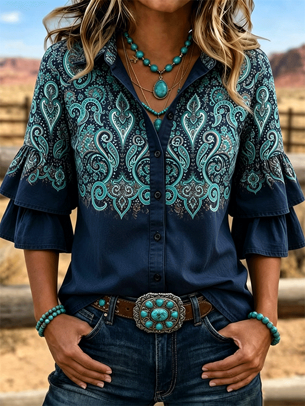 Women's Western Paisley Gradient Double Ruffle Bell Sleeve Button Down Shirt