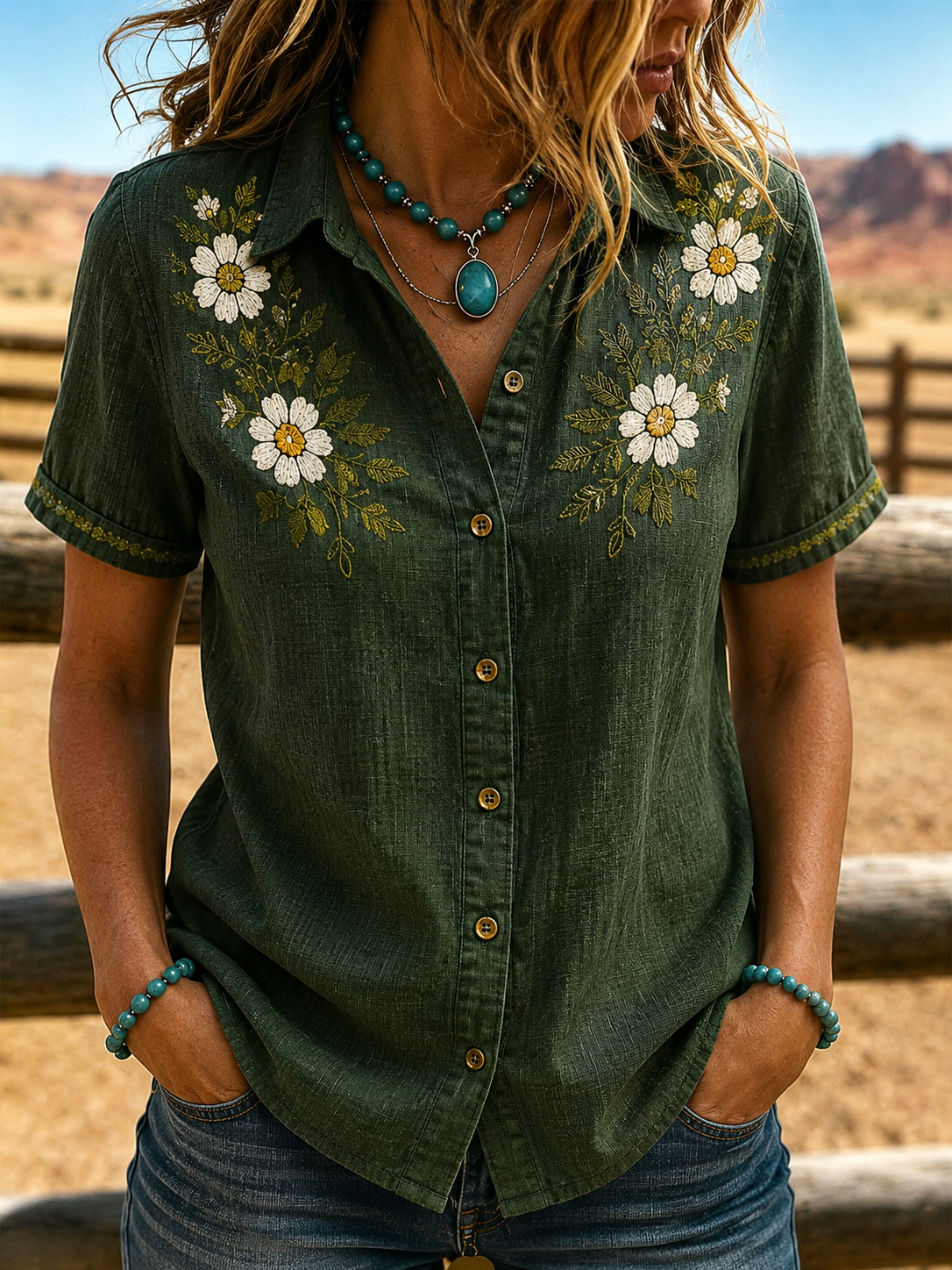 Women's Western Linen Blend Short Sleeve Collared Button Down White Daisy Floral Embroidery Casual Shirt