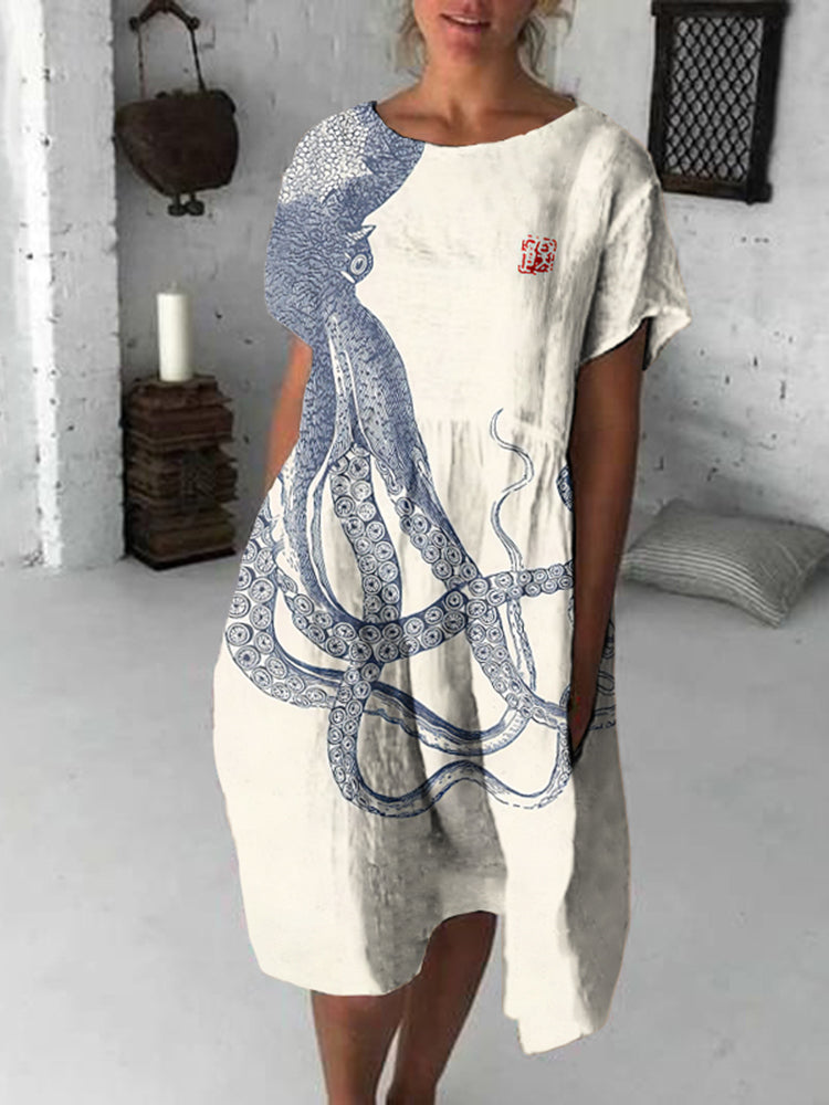 Japanese Art Octopus Print Crew Neck Loose Midi Dress