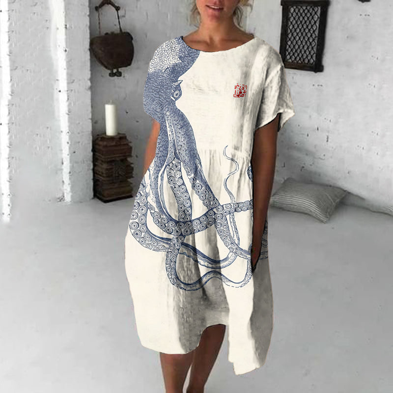 Japanese Art Octopus Print Crew Neck Loose Midi Dress
