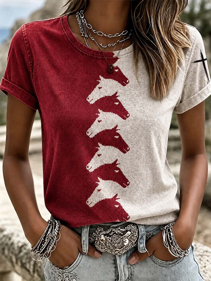Women'S Western Style Animal Cross Round Neck T-Shirt