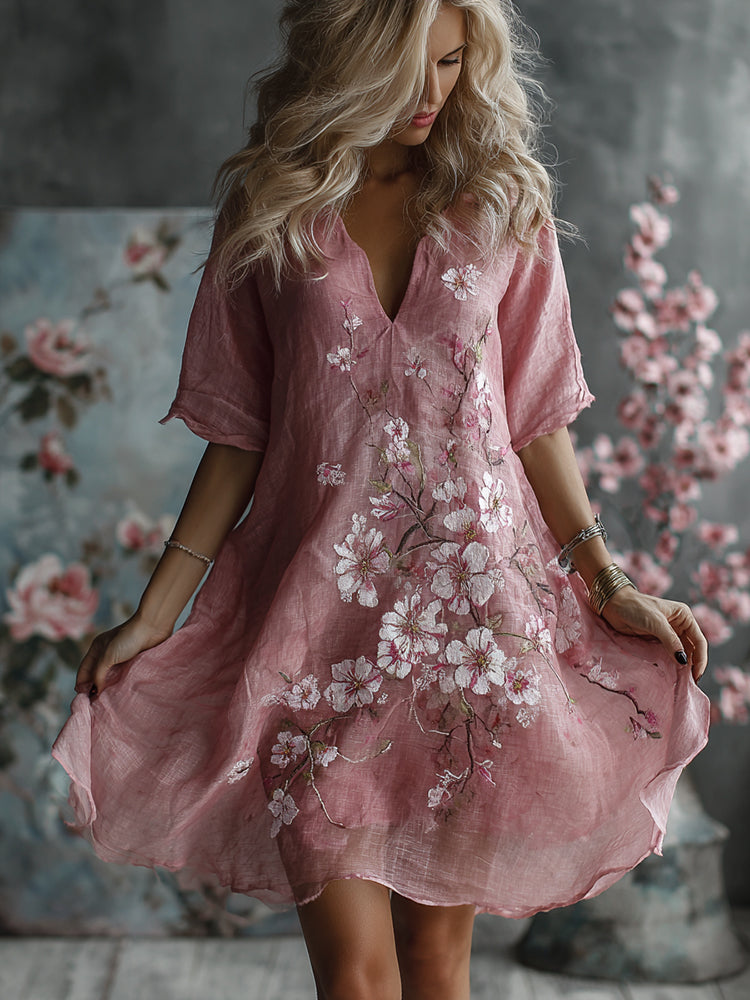 Women's Exquisite Embroidered Print Art Casual Linen Short Sleeved Dress
