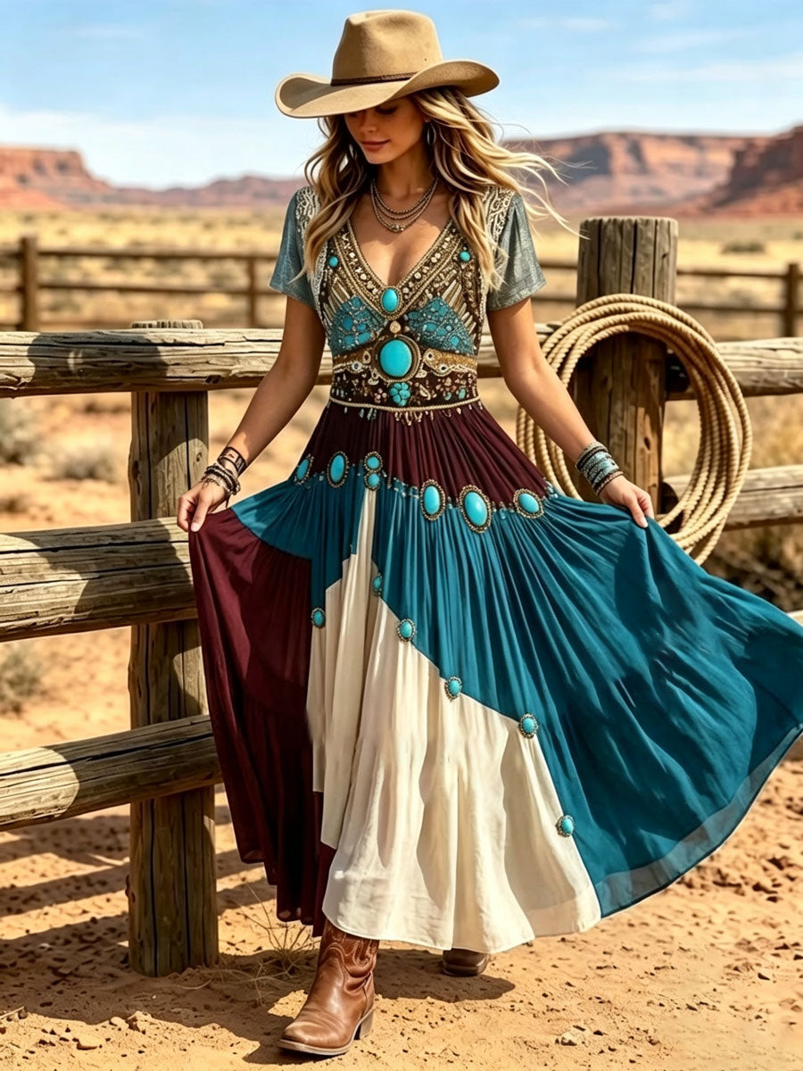 Women's Western Vintage Linen-Blend Maxi Dress