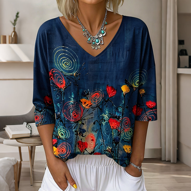 Women's Vintage Floral Pattern Art Print Flowy Linen Blend  Three-quarter Sleeve V Neck Linen Tops