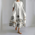 Japanese Wave Geometric Art Round Neck Short Sleeve Midi Dress