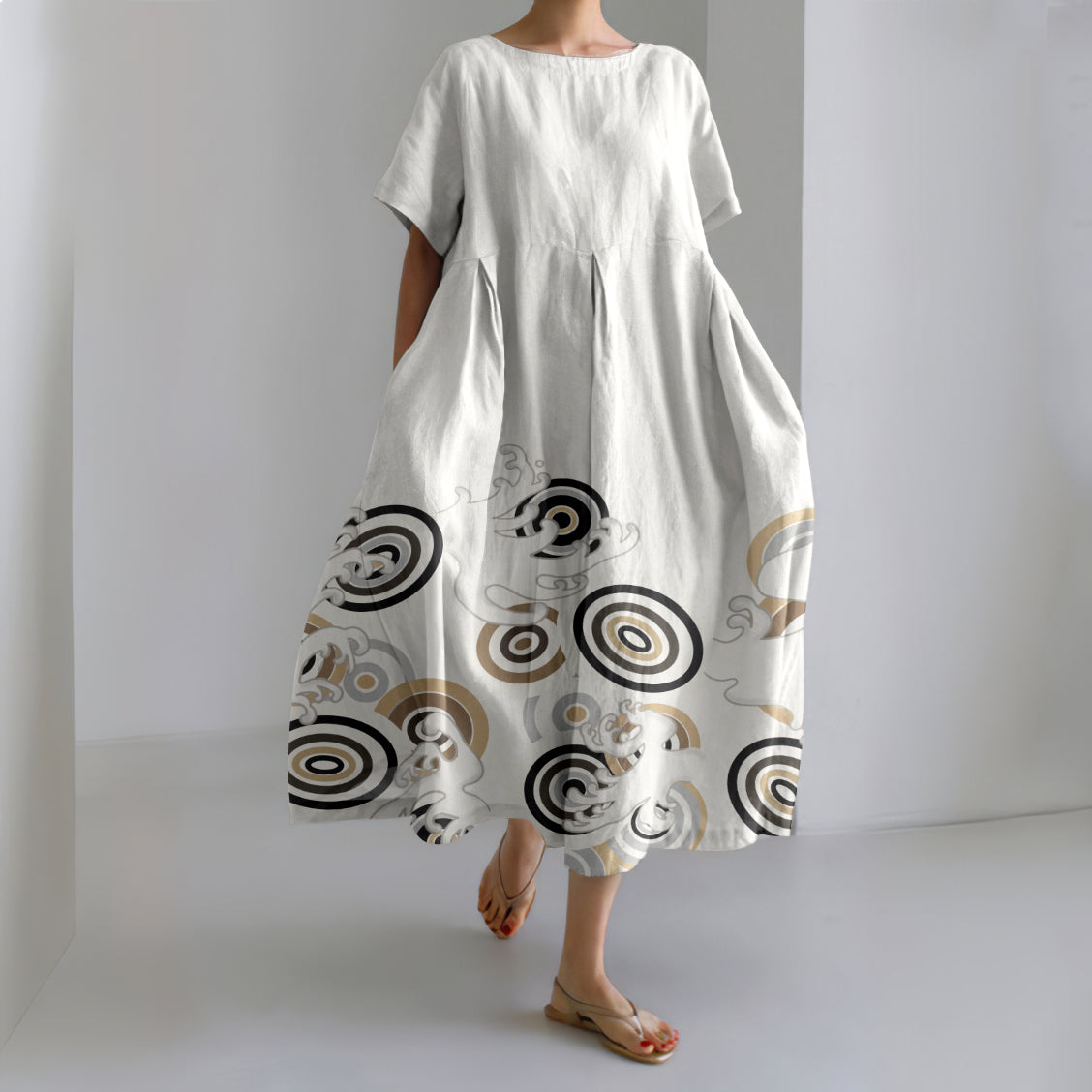 Japanese Wave Geometric Art Round Neck Short Sleeve Midi Dress