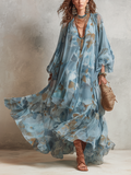 Bohemian Flowing Blue Floral Print Maxi Dress