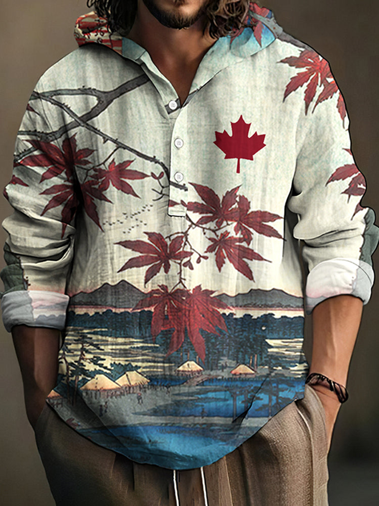 Men's Japanese Maple Leaf Art Print Linen Blend Hooded Shirt