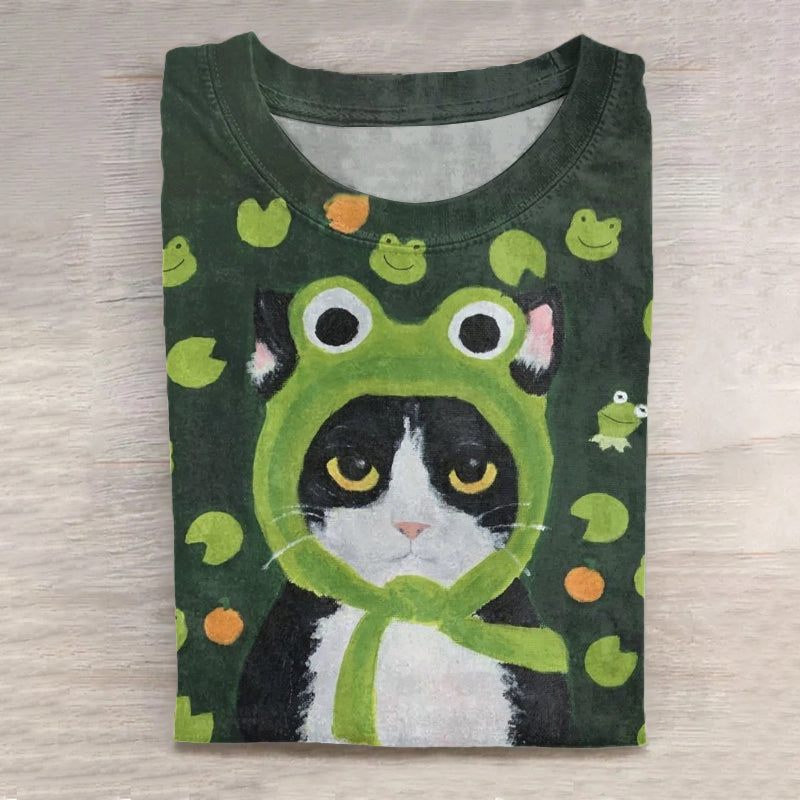 Abstract Creative Cute Cool Cat With Frog Hood Art Print Cotton Graphic T-shirt