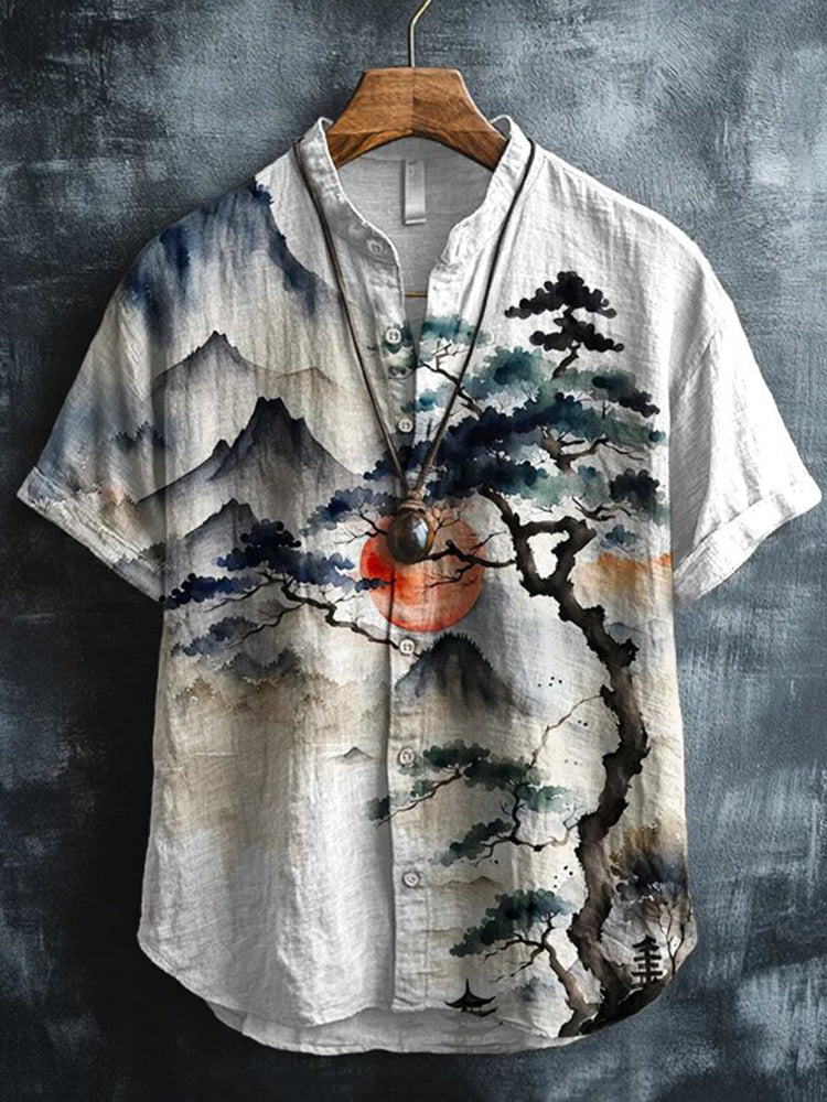 Men's Ink Art Landscape Painting Print Short Sleeve Shirt