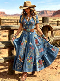 Women's Western Vintage Linen-Blend Maxi Dress