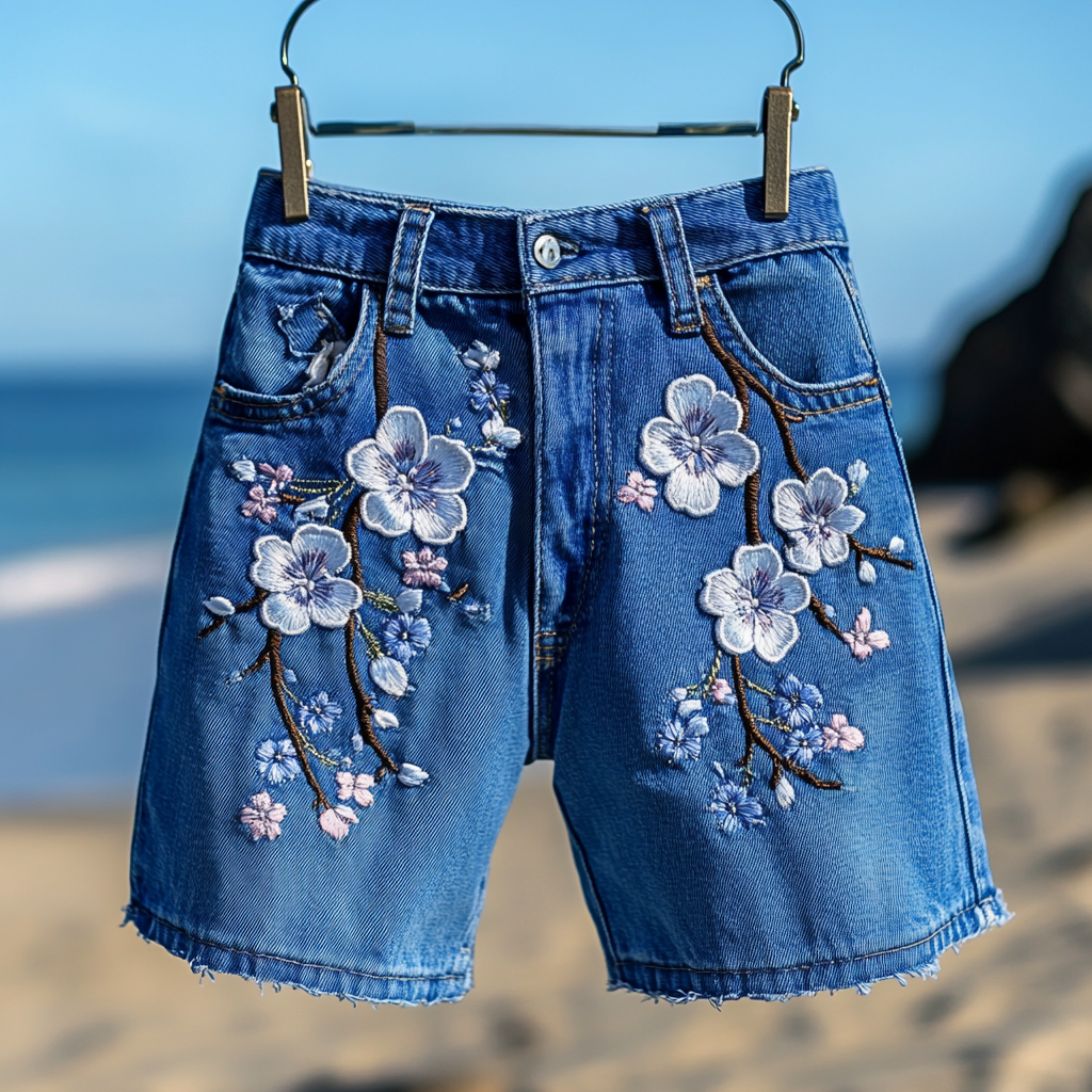 Women's Vintage Japanese Sakura Art Casual Denim Shorts