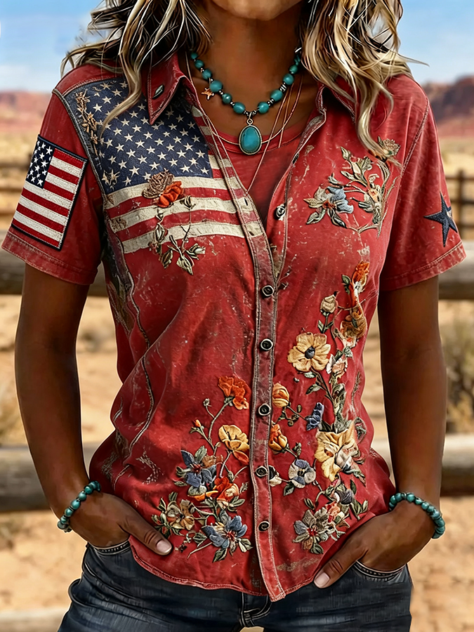 Women'S Retro Western Style Patriotic Printed Short Sleeved Shirt