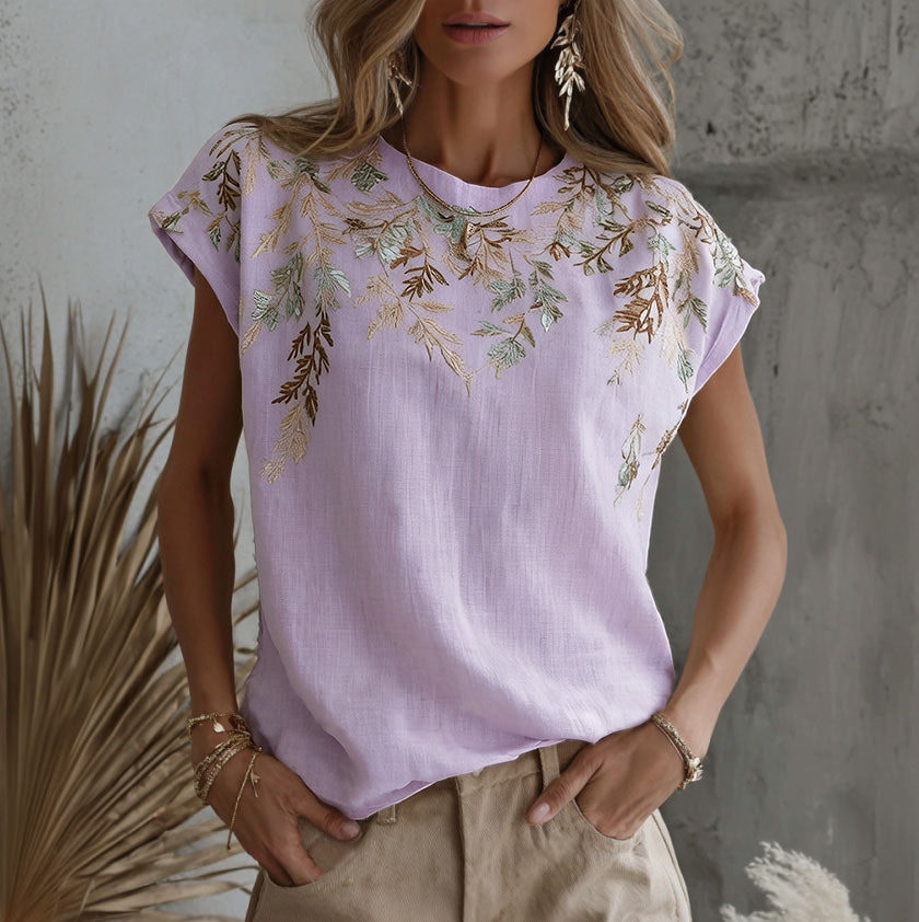 Women's Retro Floral Branch Art Print Linen Blend Crew Neck T-shirt
