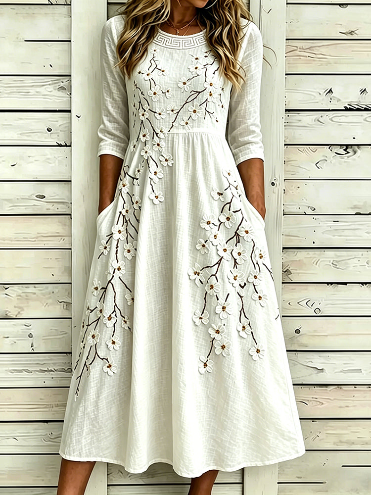 Women's Vintage Floral Art Print Linen Dress