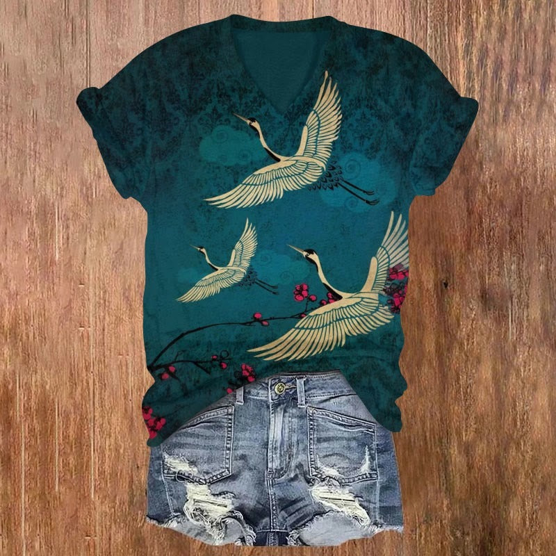 Women's Japanese Style Crane Art Print V-neck T-shirt