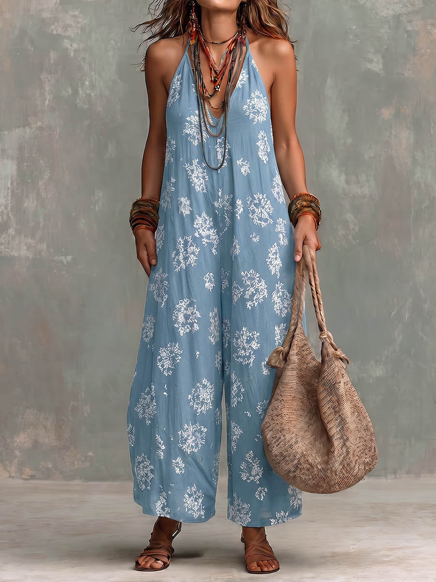 Women's Retro Print V-neck Sleeveless Casual Loose Wide-leg Cotton-linen Jumpsuit