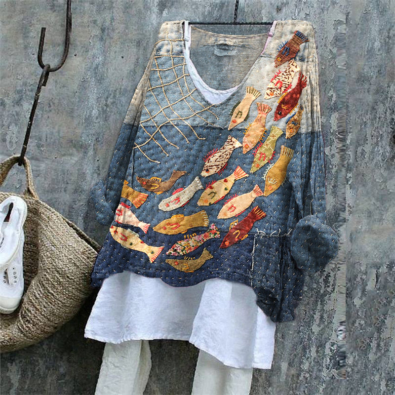 Women's Vintage Patchwork Fish Pattern Linen Blend Shirt