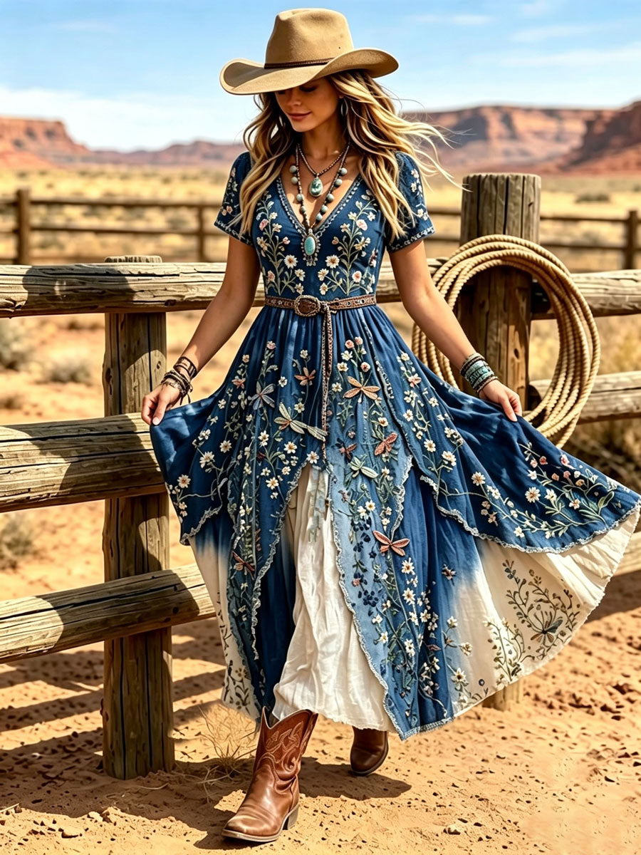Women's Western Vintage Linen-Blend Maxi Dress