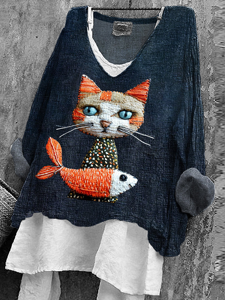 Women's Cat And Koi Art Print V-neck Shirt