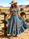 Women's Western Vintage Linen-Blend Maxi Dress
