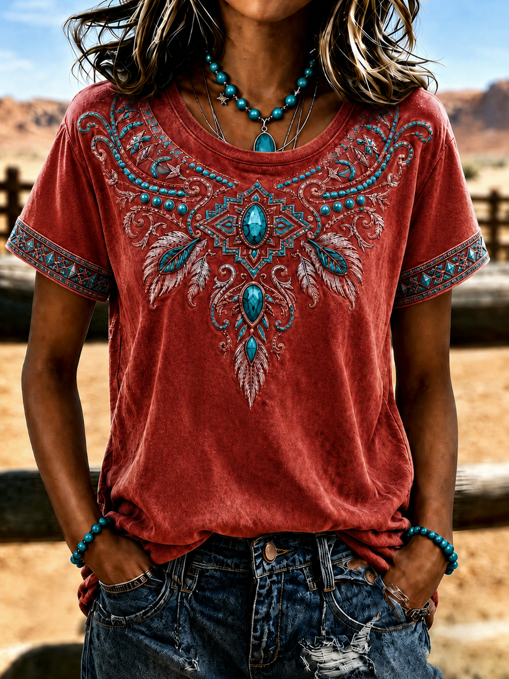 Women'S Retro Ethnic Art Printed Round Neck T-Shirt