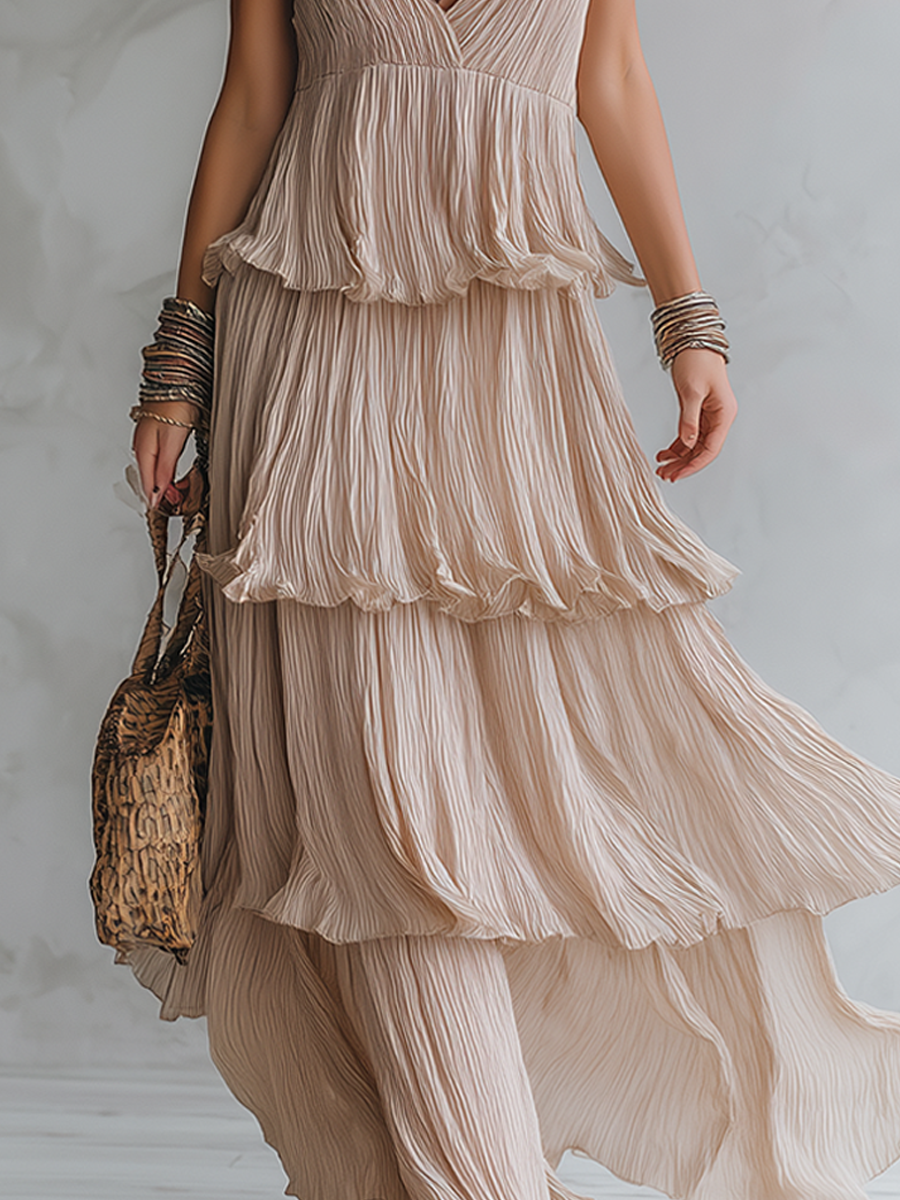 Bohemian Style Strappy Pleated Maxi Dress