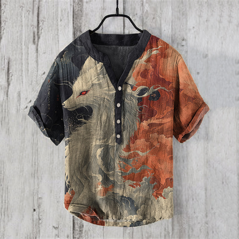 Men's Japanese Art Animal Print Linen Blend Shirt