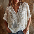 Vintage White Cherry Blossom Embroidery Art Short Sleeve Top