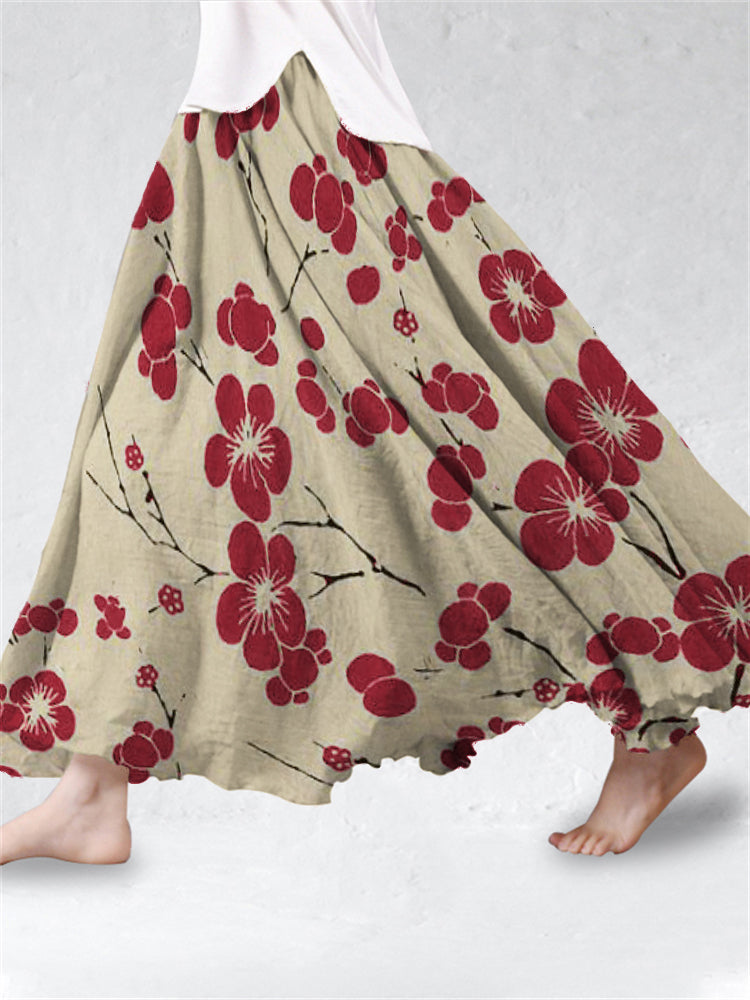 Cherry Blossom Japanese Art Linen Blend Flowy Wide Skirt