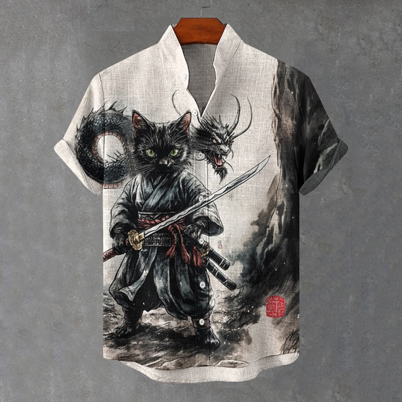 Men's Samurai Black Cat And Dragon Art Print Short Sleeve Shirt